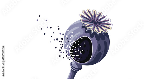 Stylized illustration of a purple poppy seed pod with tiny black seeds falling out from an opening in the side of the pod.