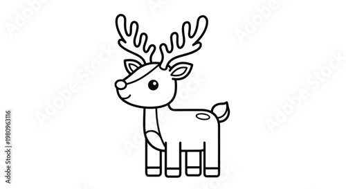 Cute cartoon reindeer with large antlers standing in profile, designed for children's coloring books or as a simple graphic.
