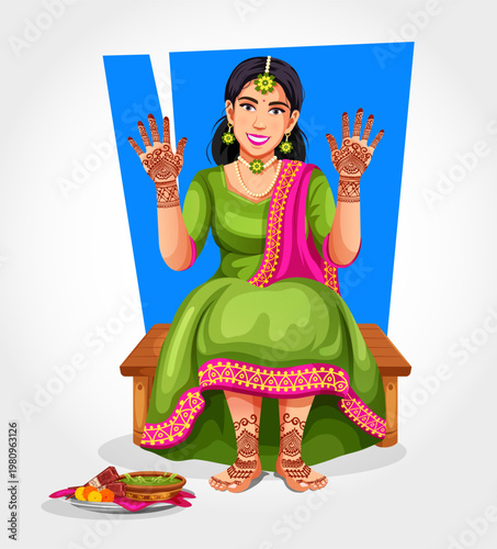 Indian beautiful bride in traditional attire during her Mehndi ceremony. Dressed in green, glamorous traditional outfits, lehenga choli