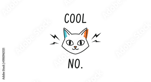 Minimalist illustration of a cat head with different colored ears and lightning bolts along with the words cool and no.