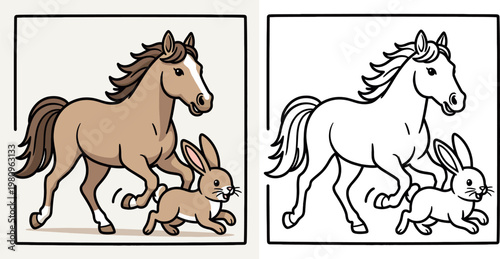Horse and Running Bunny Coloring Page
