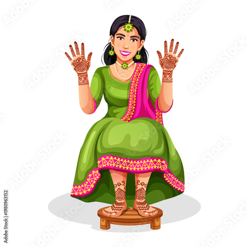 Vector of a smiling, beautiful Indian bride showing hands with henna patterns, isolated on a white background. Cultural wedding ritual, pre-marriage tradition Mehndi ceremony ethnic celebration