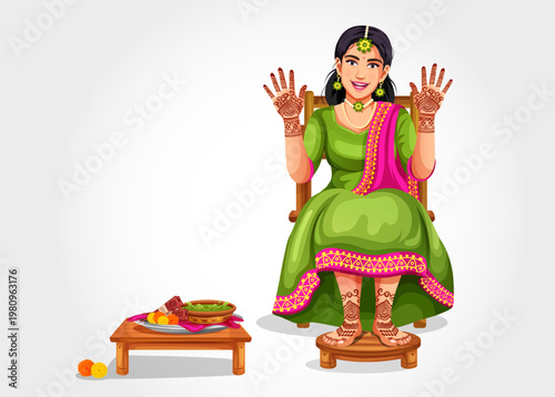 Indian Wedding bride in traditional attire during her Mehndi ceremony. Dressed in colorful, glamorous traditional outfits lehenga choli