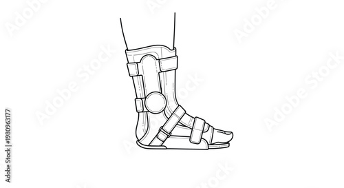 Technical drawing of a medical orthopedic walking boot or brace worn on the lower leg and foot for injury recovery and support.