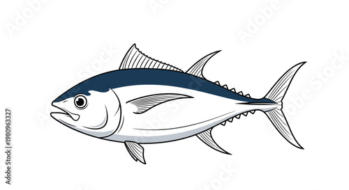 Detailed illustration of a tuna fish showcasing its sleek body, fins, and characteristic eye for biology or food themes.