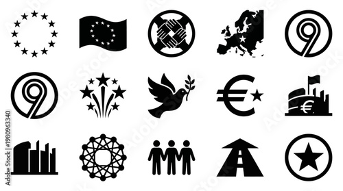 European Union Symbols Collection: A curated arrangement of the European Union's most recognizable symbols. Showcasing the diverse cultural and economic elements of the European union.