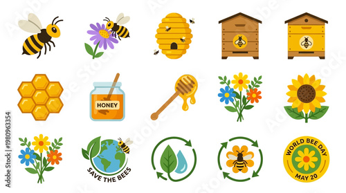 Bee Essentials: A colorful arrangement of essential items related to bees. Including buzzing insects, honeycomb, honey jars, and flower arrangements, providing a comprehensive visual exploration.