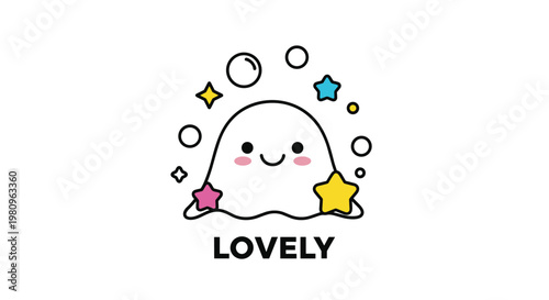 Adorable ghost character with pink cheeks and a smile surrounded by stars and bubbles with the message lovely below it.