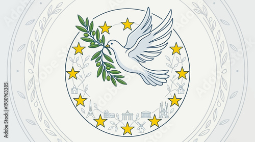 Symbol of Peace: A dove, a universal emblem of peace, holds an olive branch. The image is filled with symbolic elements that represent serenity and unity.