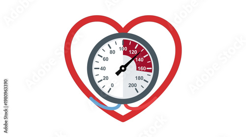 Heart Health Alert: An illustration depicting a red heart enclosing a blood pressure gauge, signaling awareness of health and well-being.