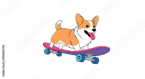 Energetic corgi dog joyfully rides a purple and pink skateboard with blue wheels in a fun and whimsical cartoon illustration for pet lovers.