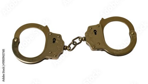 Quadro su tela Isolated vintage decorative brass handcuffs with link chain, symbol of justice a