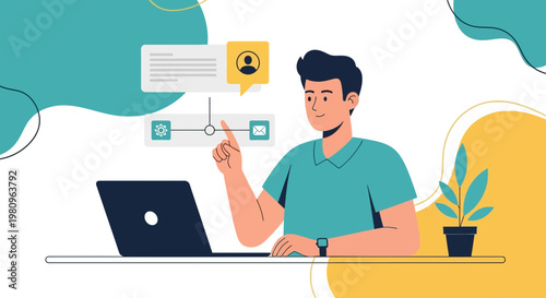 Man working on laptop with digital interface, online communication, and workflow icons.