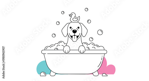 Happy dog enjoys a bubble bath in a white tub with a small yellow rubber duck perched on its head in a clean black and white illustration.