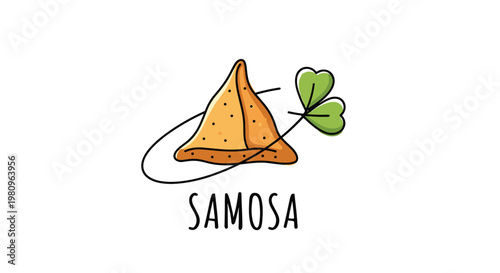 Traditional Indian samosa pastry with a green herb garnish is illustrated in a warm color palette with the name written below in script.