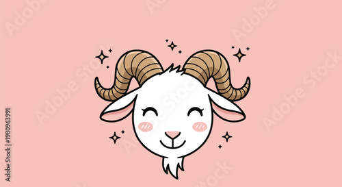 Adorable goat face illustration with rosy cheeks and sparkling stars on a soft pink background for zodiac or nursery decor.
