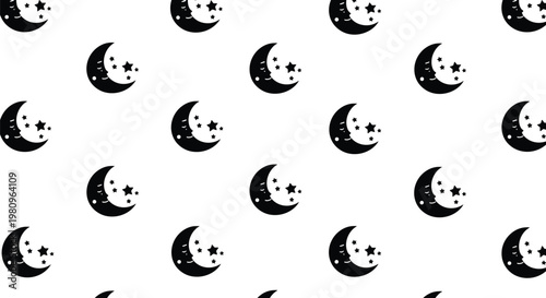 Night sky pattern featuring black crescent moons with smiling faces and small stars on a clean white background for fabrics.