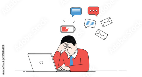 Stressed office worker at a laptop with icons for low battery emails and messages representing digital burnout and work pressure.