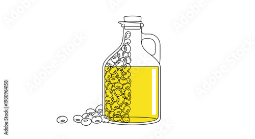 Glass bottle filled with yellow soybean oil and whole beans spilling out for agricultural and culinary product advertising.