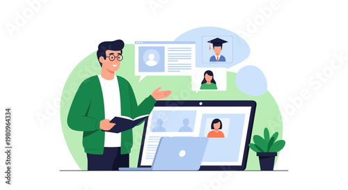 Online Education: Teacher with Laptop and Students in Virtual Classroom