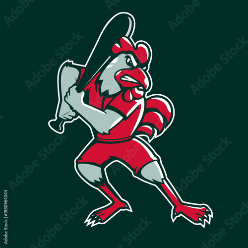 Competitive Rooster Mascot Holding Baseball Bat Vector Design