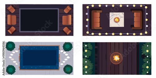 Aerial view of various outdoor living spaces and recreational areas