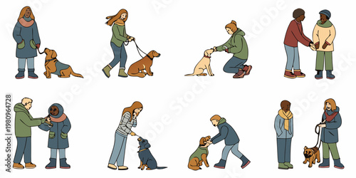 Diverse group of people interacting with their canine companions outdoors