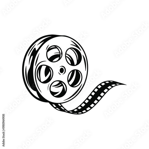 Black and white sketch illustration of a hand drawn film reel in vintage style vector