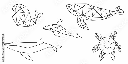 Geometric marine life whales dolphins and a turtle illustration