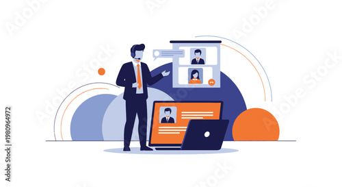 Online Meeting and Remote Work Concept: Business Man with Laptop and Video Conference