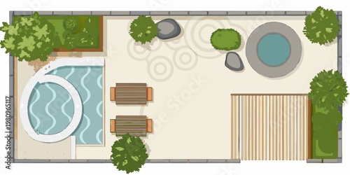 Aerial view of a modern backyard with a pool spa and garden