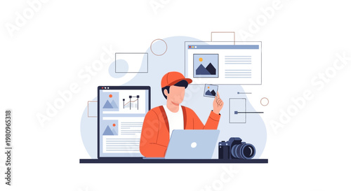 Photographer editing photos on laptop with camera and digital display