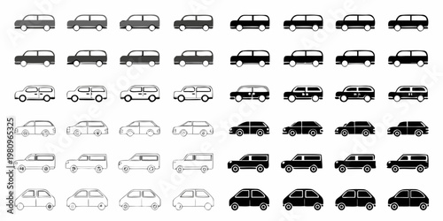 Collection of stylized black and white car icons arranged in a grid pattern