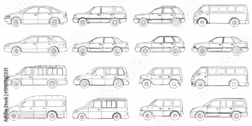 Line art illustration displaying various car models in a grid pattern