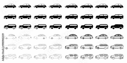 Collection of various car silhouettes arranged in neat organized rows
