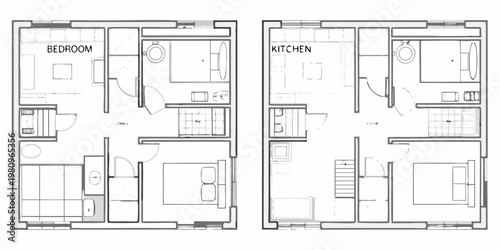 Architectural floor plans displaying bedroom and kitchen layouts within a residence