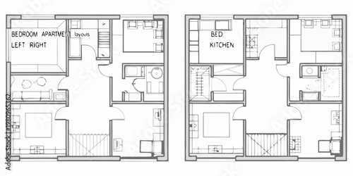 Architectural floor plans depicting bedroom and kitchen layouts for apartment units