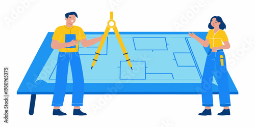 Architects collaborating over a large blueprint with a drawing compass
