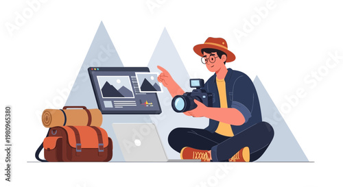 Photographer with Camera and Laptop Editing Mountain Landscape Photos in Nature
