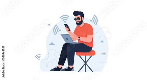 Man with laptop and phone working remotely with Wi-Fi signals
