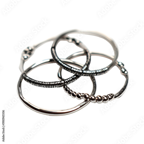 Metallic intertwined rings, intricate pattern, reflective surface, isolated on black