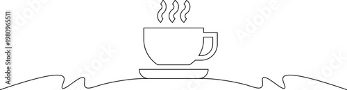 A simple line drawing of a steaming cup of coffee on a saucer