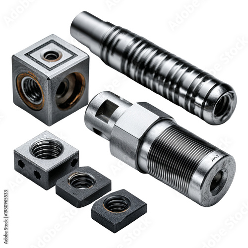 Metallic mechanical parts including blocks, cylinders, and threaded fasteners, isolated