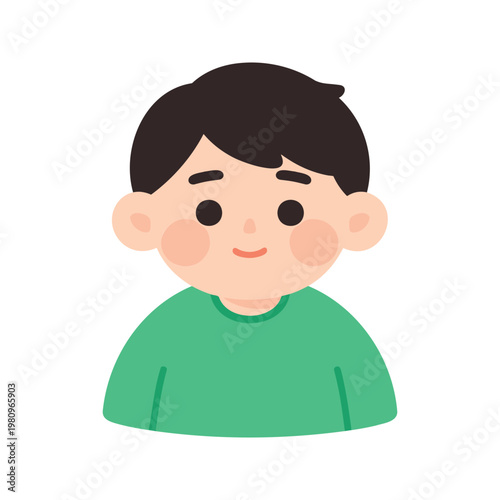 Happy young boy with dark hair and rosy cheeks wearing a green t-shirt smiles