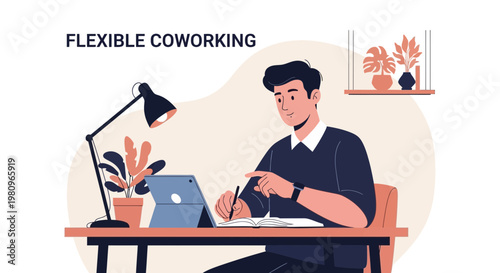 Man working on laptop at desk in flexible coworking space, modern office