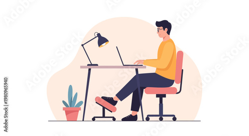 Man working on laptop at desk with footrest, home office setup, illustration