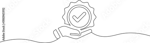 A minimalist line drawing of a hand holding a checkmark in a gear