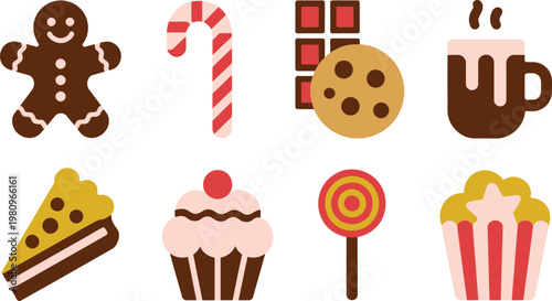 Collection of sweet treats and holiday desserts with gingerbread man candy cane chocolate bar cake slice popcorn cup baked goods whipped cream flat design lollipop confectionery