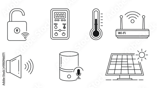 Collection of smart home and technology icons including lock, thermostat, wifi router, speaker, microphone, solar panel, and more