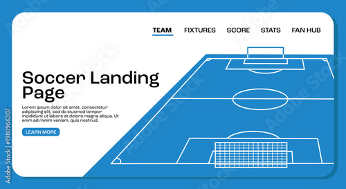 Soccer stadium landing page UI design with football pitch illustration modern sports website interface concept